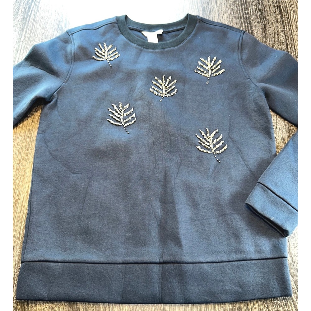 H&M Womens XS Blue Sweatshirt Embellished Leaves Long Sleeve Casual Top